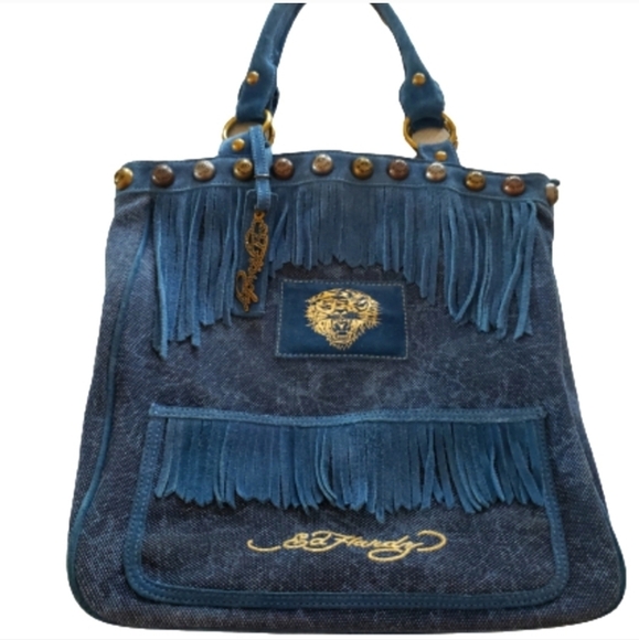 Ed Hardy Vintage Navy Felicia  Denim and Suede  Fringe Bag  Red Accents Rare- - Picture 3 of 16